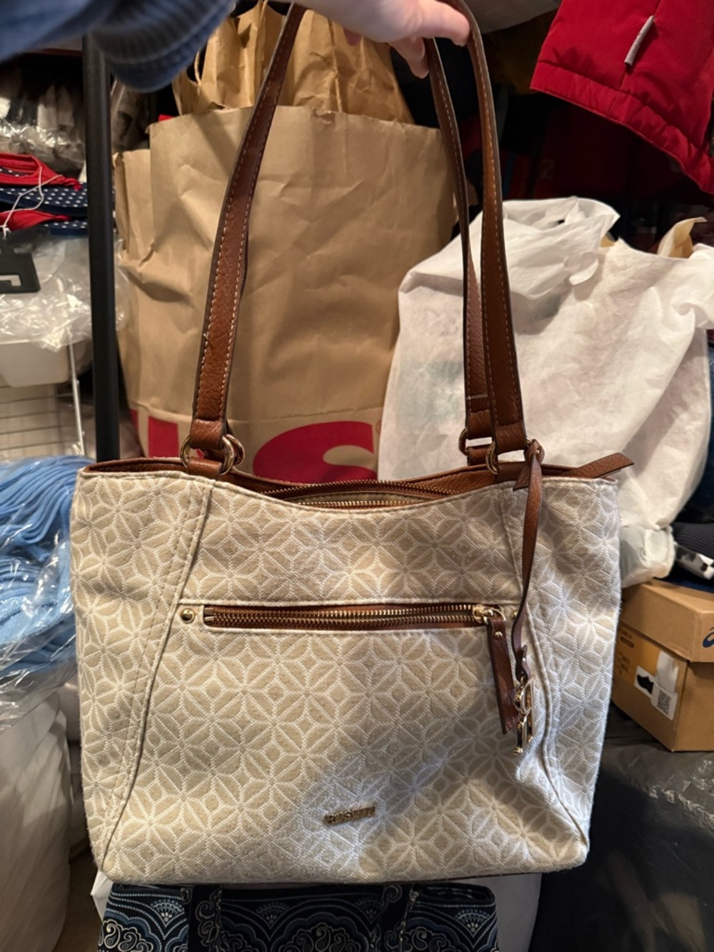 Rosetti Cream Patterned Tote with Brown Leather Straps